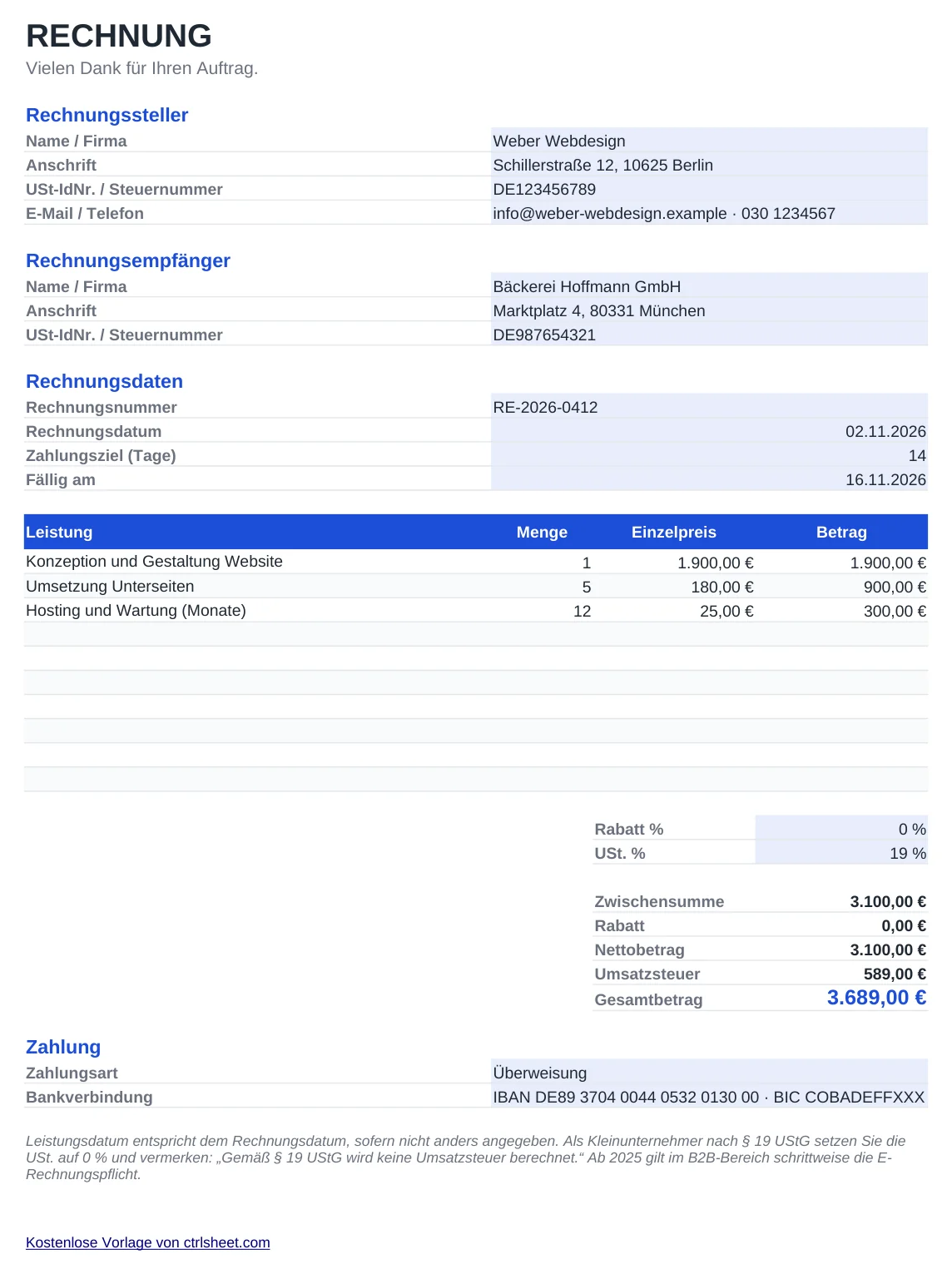 Vorschau der Vorlage Rechnungsvorlage für Excel, Blatt Rechnung