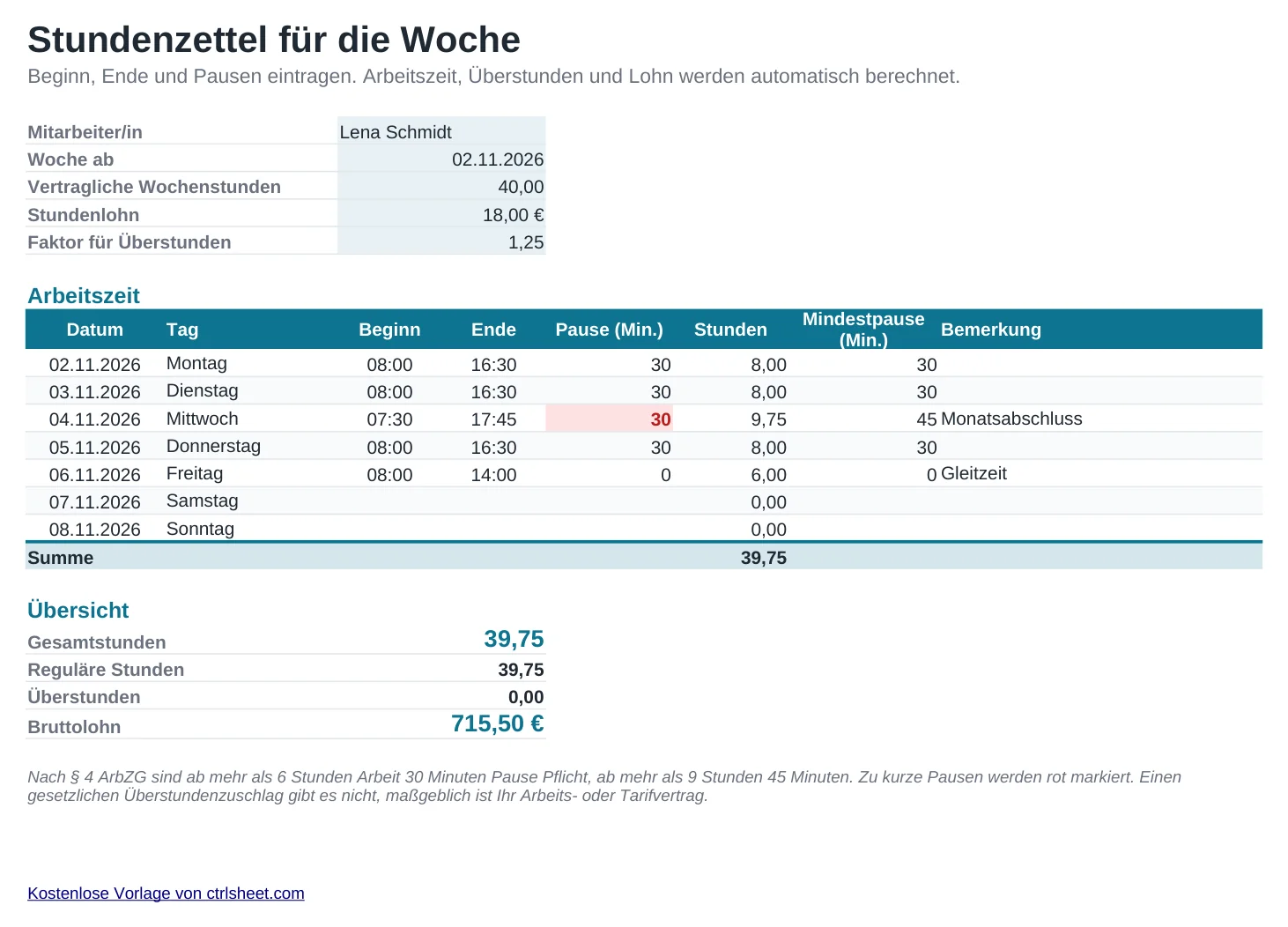 Vorschau der Vorlage Stundenzettel als Excel-Vorlage, Blatt Stundenzettel