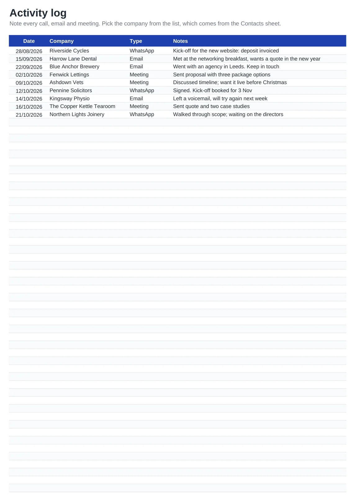Preview of the CRM Spreadsheet for Small Businesses template, sheet Activity log