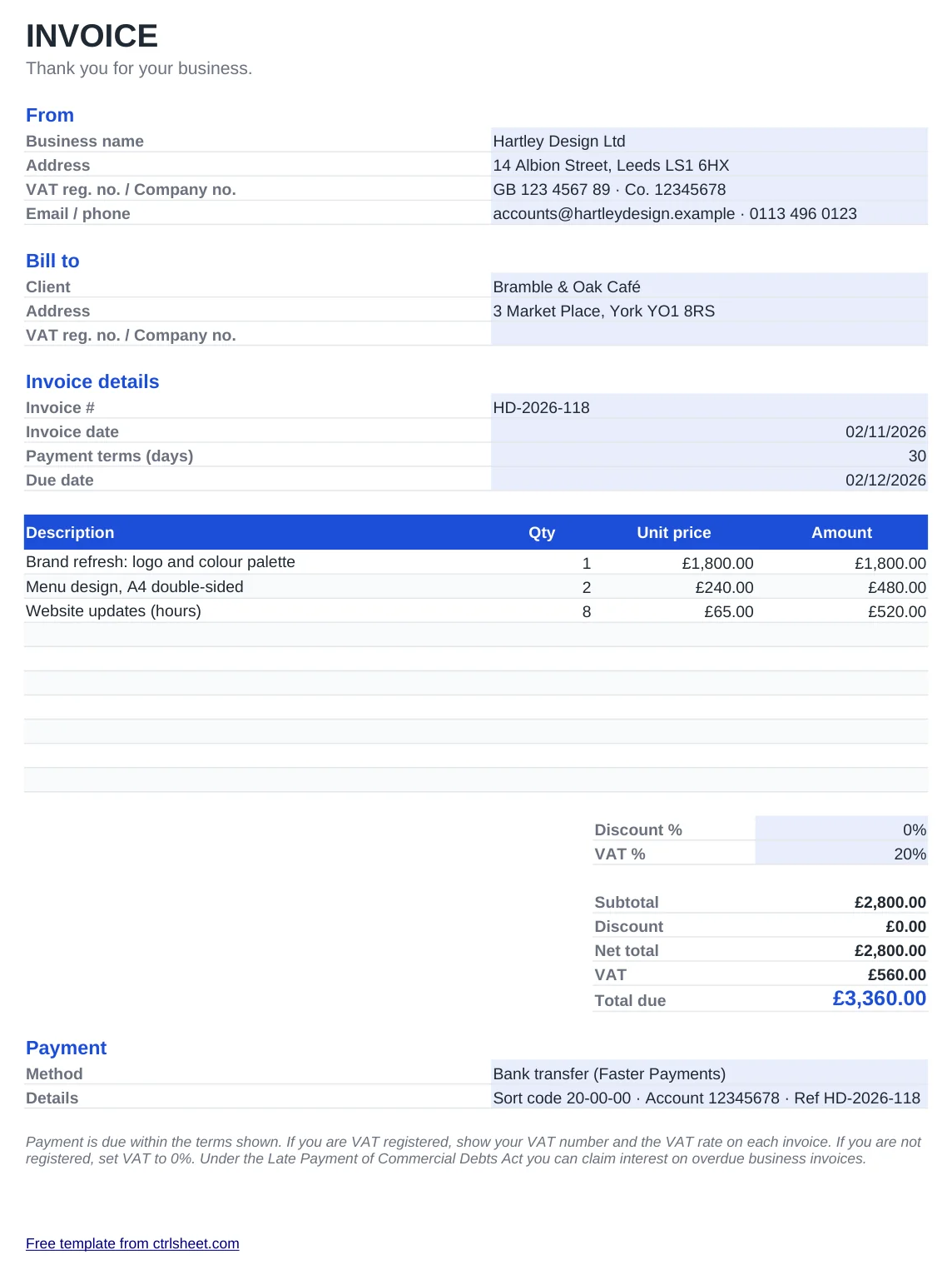 Preview of the Invoice Template (UK, with VAT) template, sheet Invoice