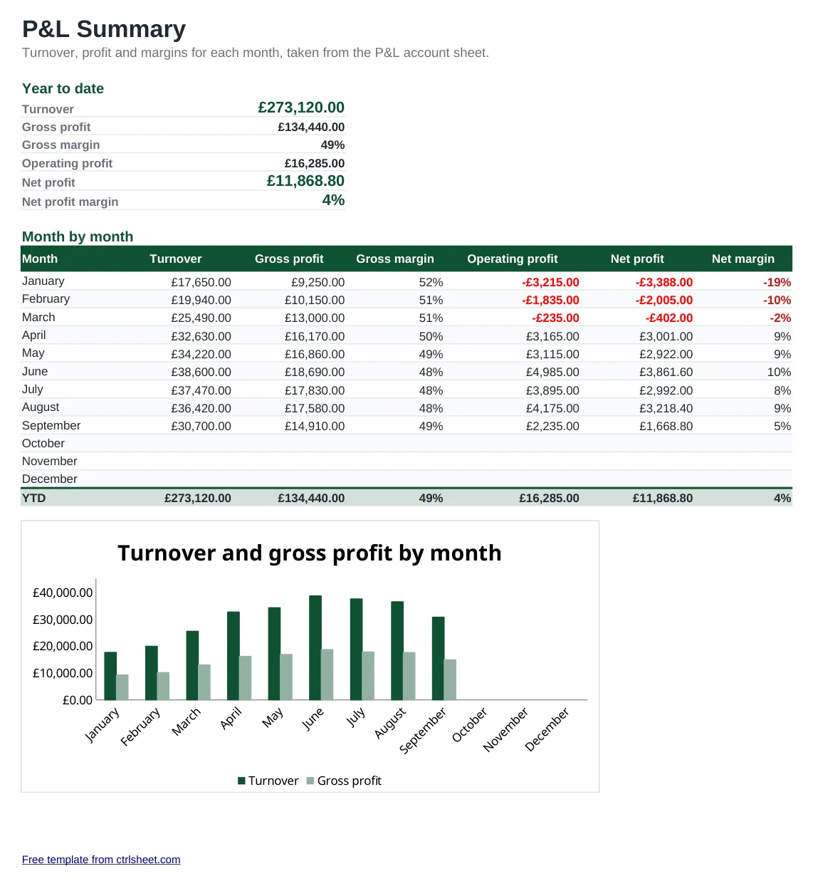 Preview of the Profit and Loss Account Template template, sheet Summary