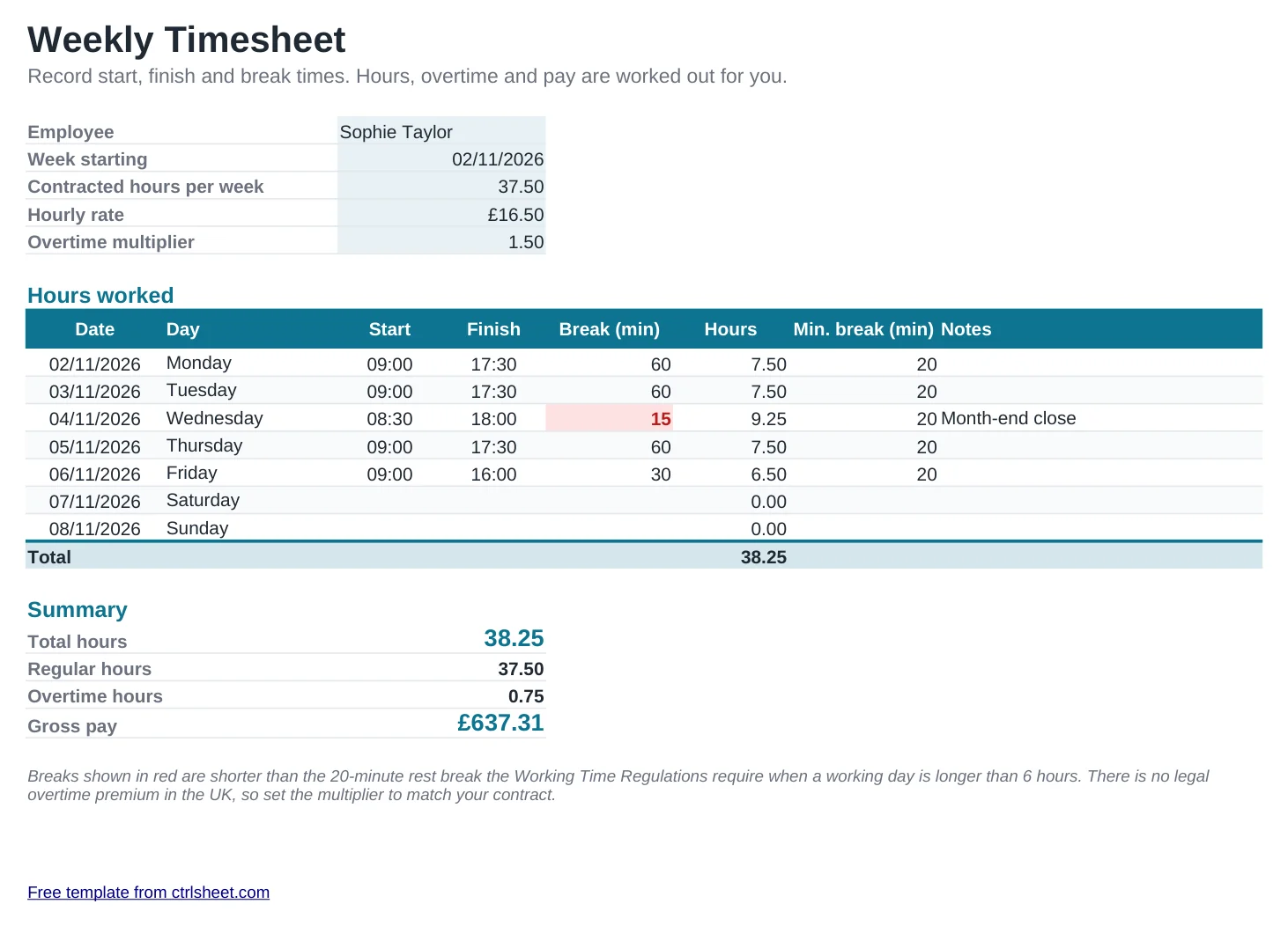 Preview of the Weekly Timesheet Template template, sheet Timesheet