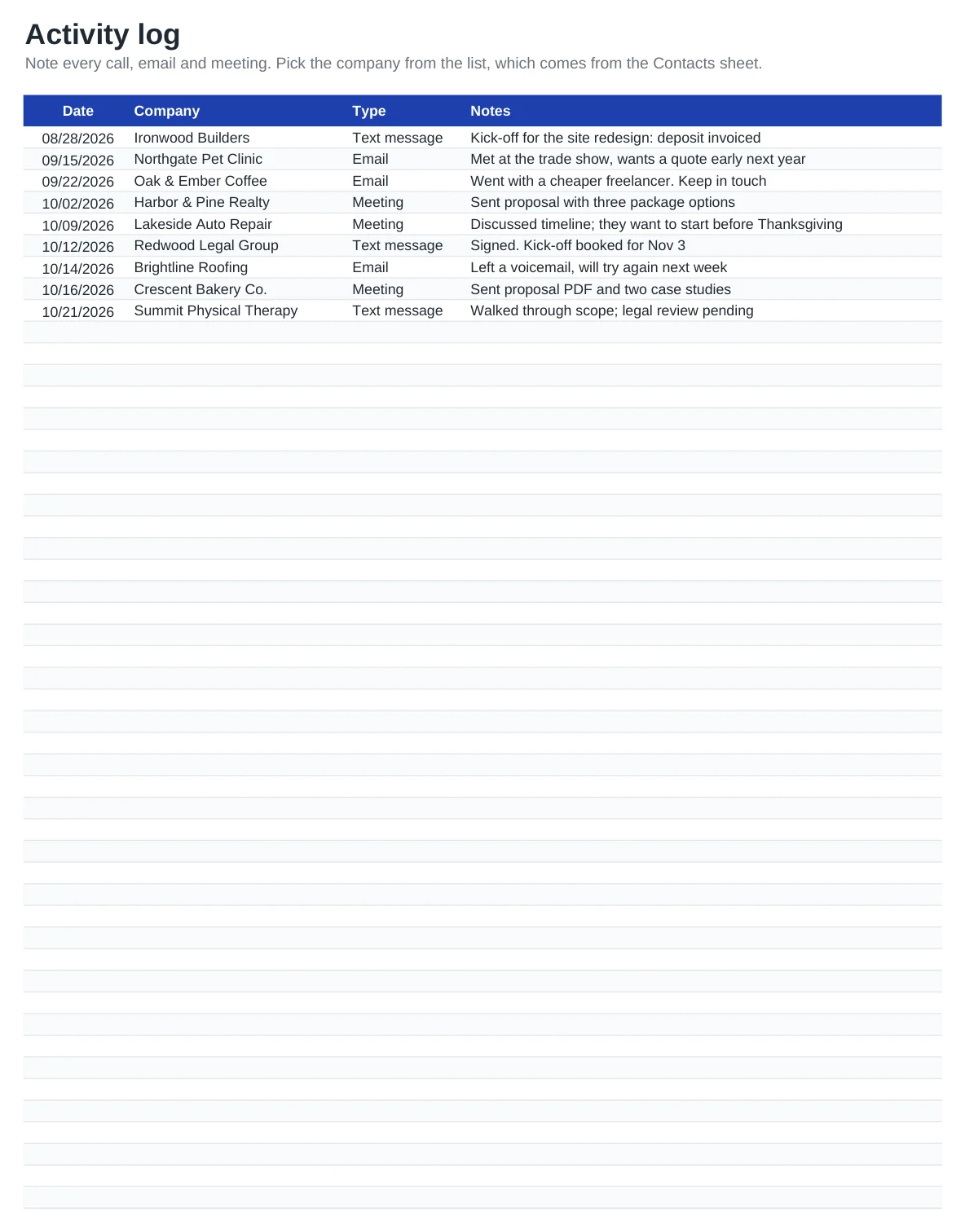 Preview of the Simple CRM Spreadsheet template, sheet Activity log