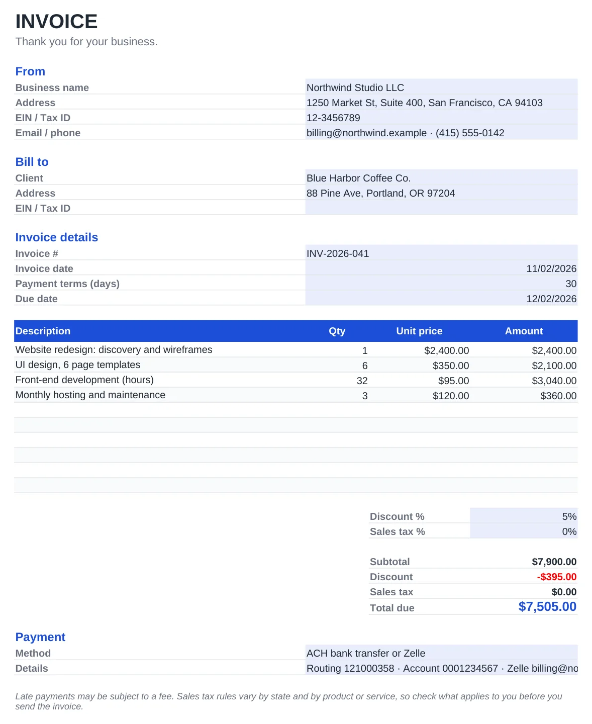 Preview of the Invoice Template template, sheet Invoice
