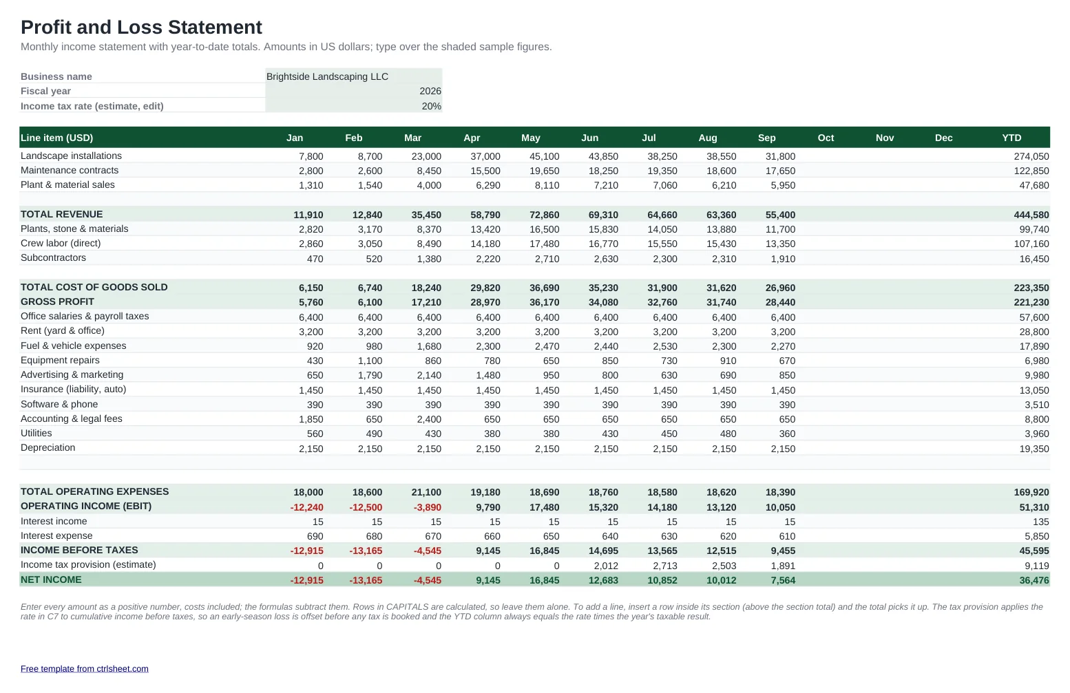 Preview of the Profit and Loss Statement Template template, sheet P&L