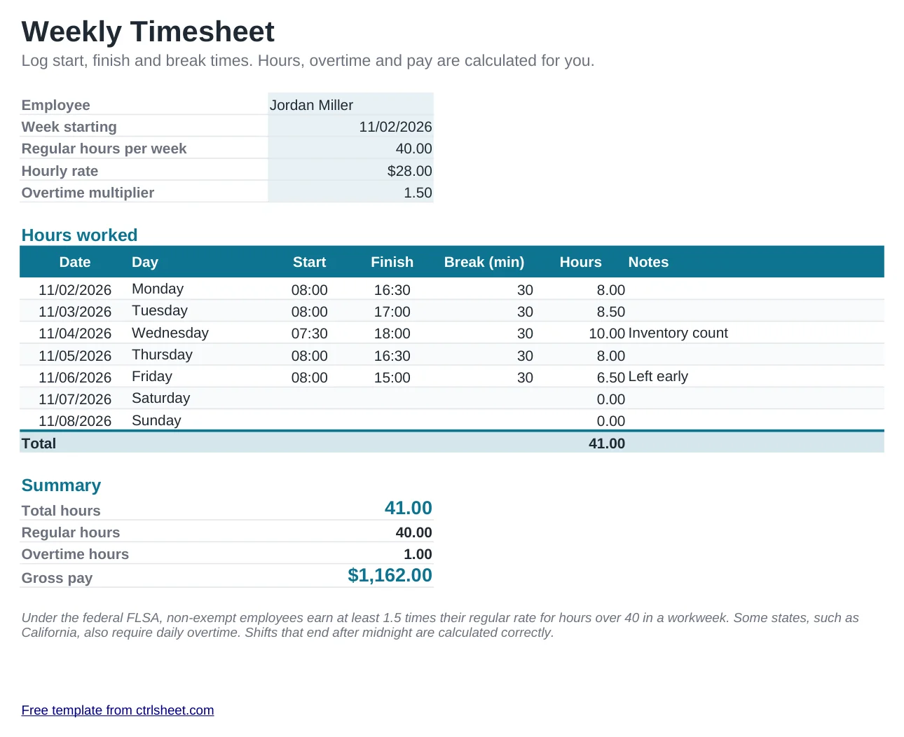 Preview of the Weekly Timesheet Template template, sheet Timesheet