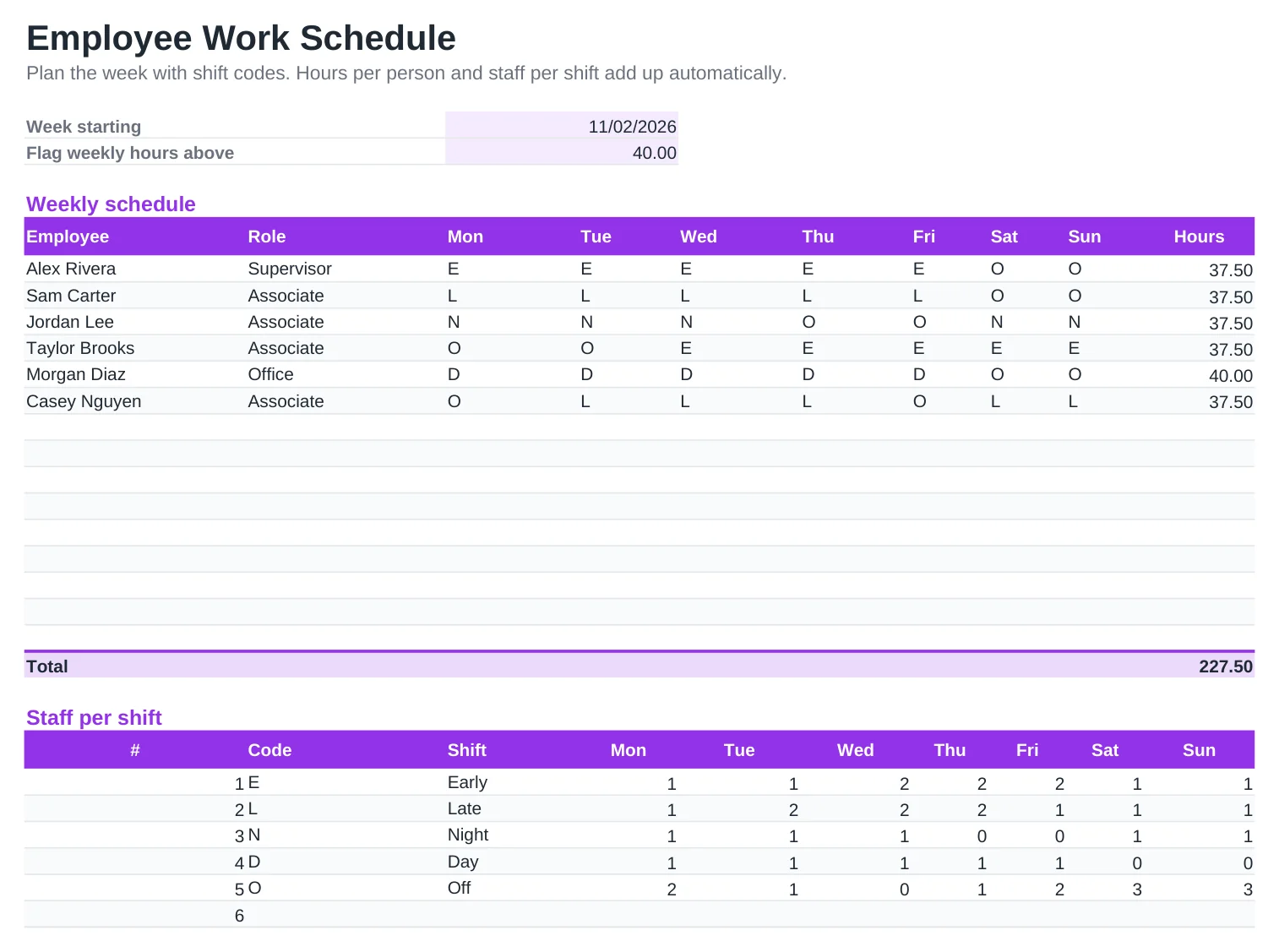 Preview of the Employee Work Schedule Template template, sheet Schedule
