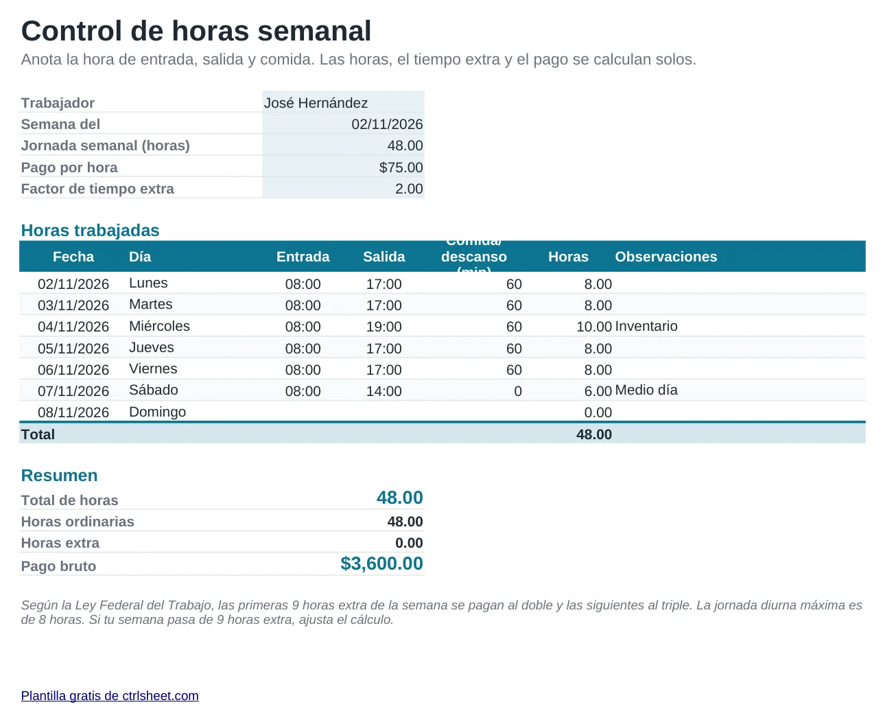 Vista previa de la plantilla Formato de control de horas trabajadas, hoja Registro