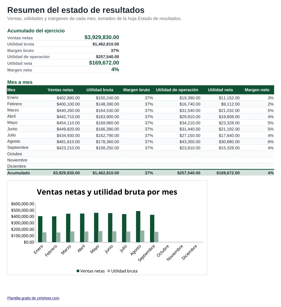 Vista previa de la plantilla Formato de estado de resultados, hoja Resumen