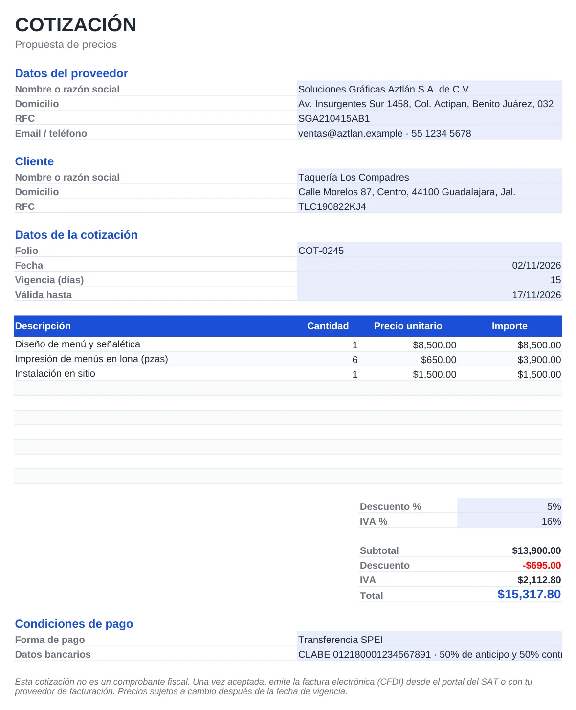 Vista previa de la plantilla Formato de cotización en Excel, hoja Cotización