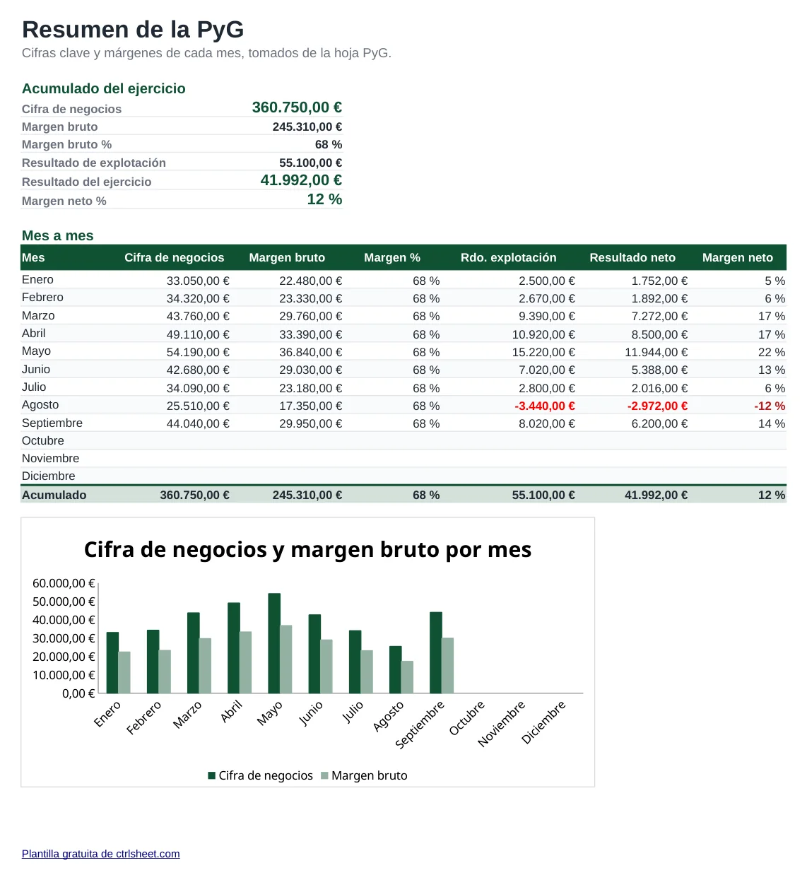Vista previa de la plantilla Plantilla de cuenta de pérdidas y ganancias (PyG), hoja Resumen