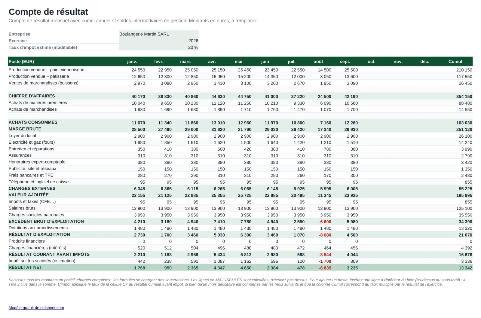 Aperçu du modèle Modèle de compte de résultat mensuel, feuille Compte de résultat