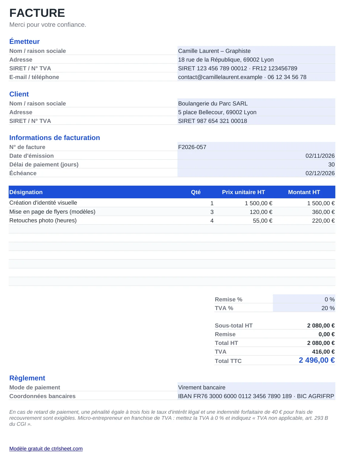 Aperçu du modèle Modèle de facture Excel avec TVA, feuille Facture