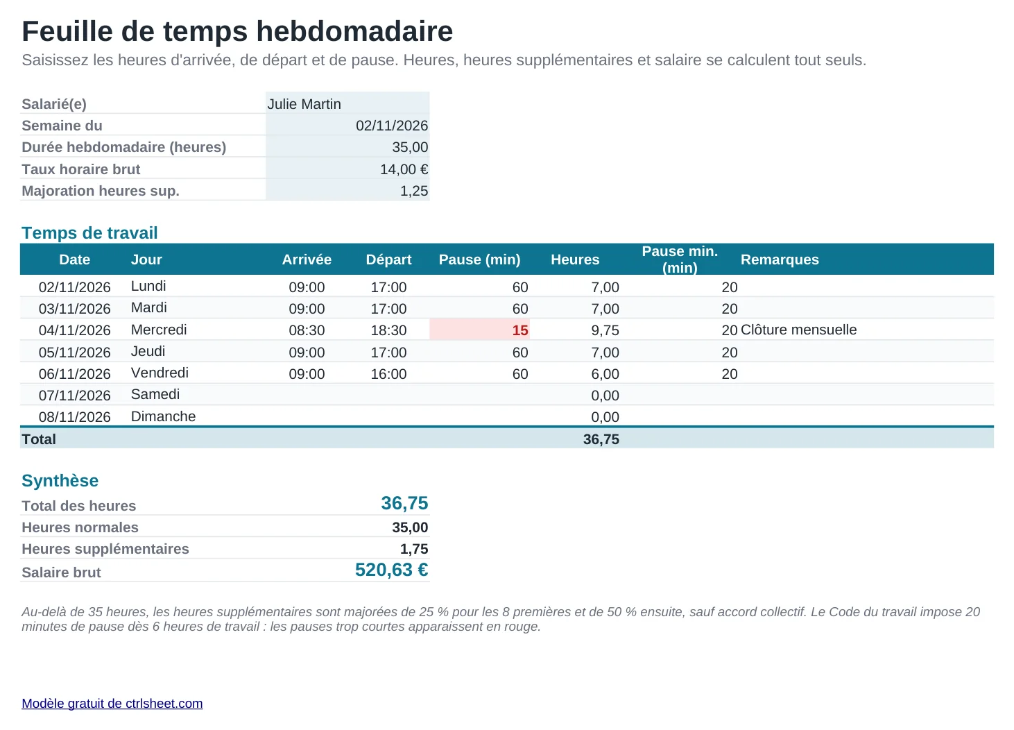 Aperçu du modèle Feuille de temps hebdomadaire sur Excel, feuille Relevé d'heures