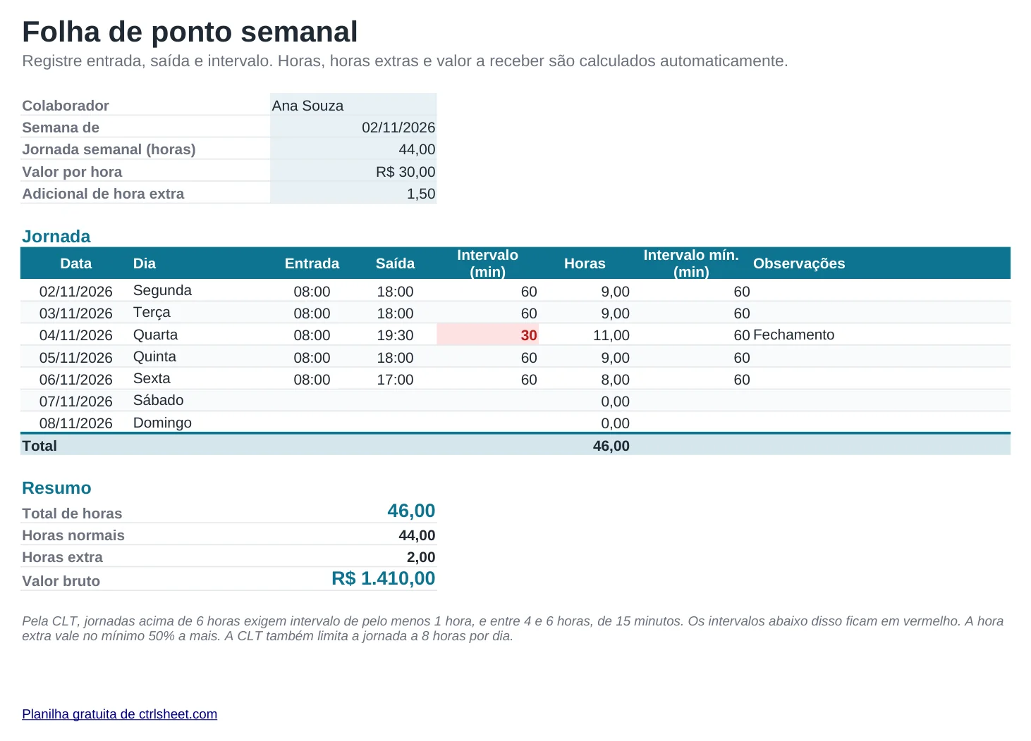 Prévia da planilha Planilha de folha de ponto, aba Folha de horas