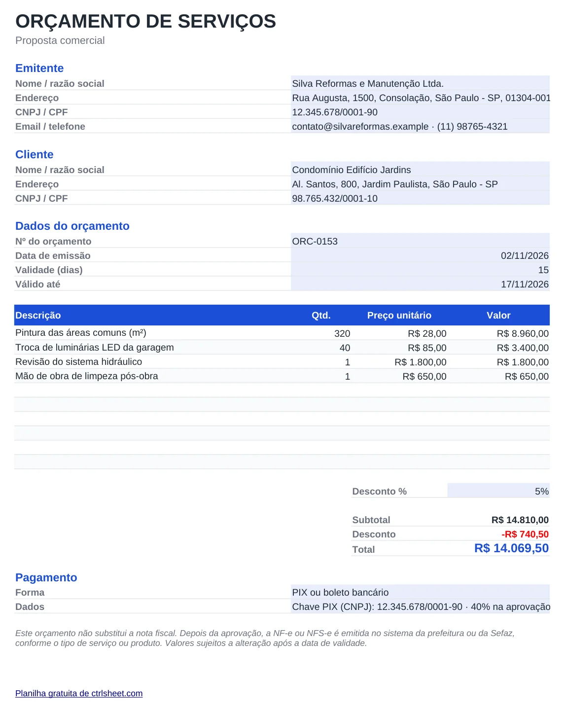Prévia da planilha Planilha de orçamento de serviços, aba Orçamento