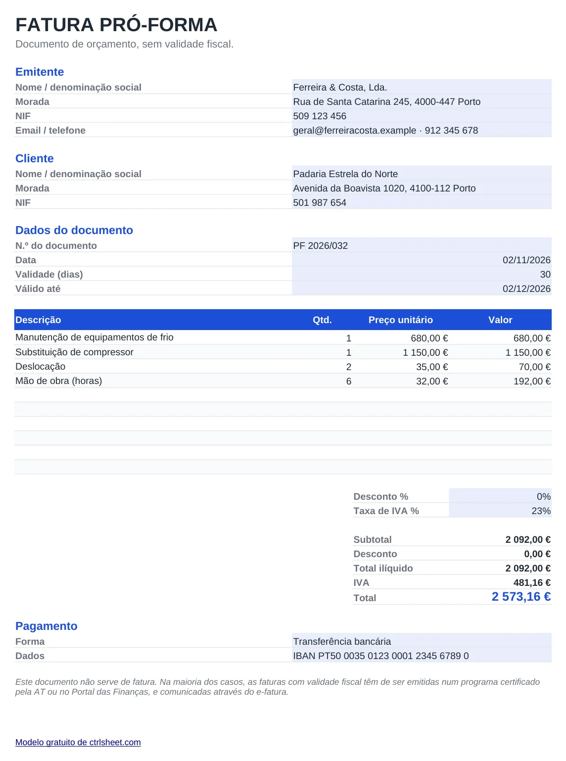 Pré-visualização do modelo Modelo de fatura pró-forma e orçamento em Excel, folha Pró-forma