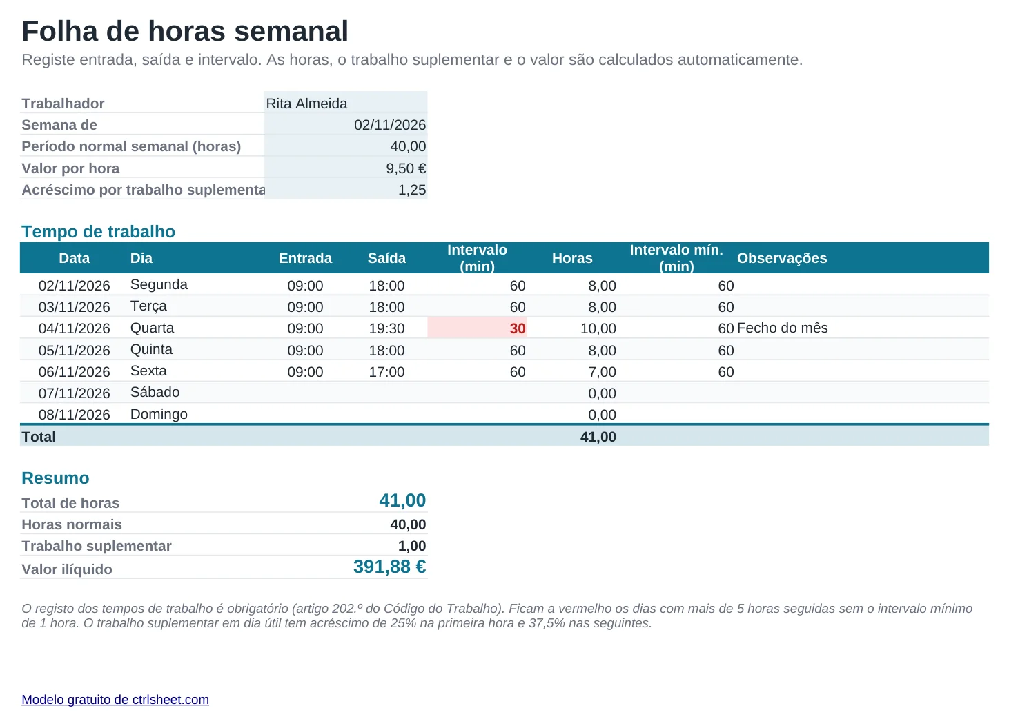 Pré-visualização do modelo Folha de horas e registo de tempos de trabalho, folha Folha de horas